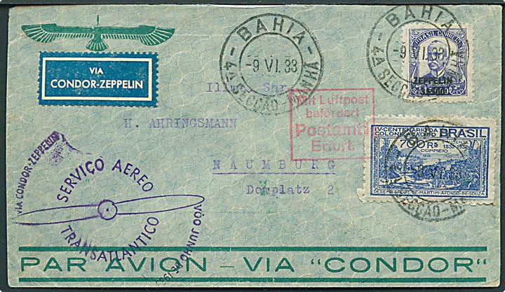 Zeppelin 3$500/5$000 og 700 Rs på luftpostbrev via Condor-Zeppelin fra Bahia d. 9.6.1933 via Friedrichshafen til Naumburg, Tyskland. Befordret med luftskib Graf Zeppelin med violet flyvningsstempel og grønt transit stempel på bagsiden.