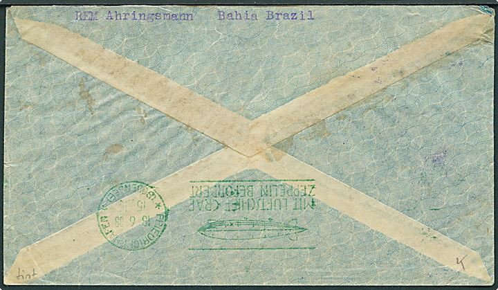 Zeppelin 3$500/5$000 og 700 Rs på luftpostbrev via Condor-Zeppelin fra Bahia d. 9.6.1933 via Friedrichshafen til Naumburg, Tyskland. Befordret med luftskib Graf Zeppelin med violet flyvningsstempel og grønt transit stempel på bagsiden.