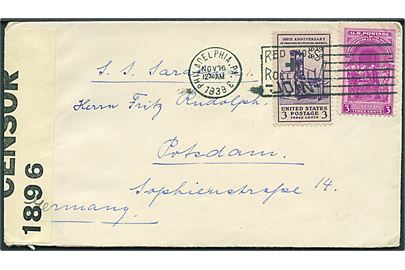 6 cents frankeret brev fra Philadelphia d. 16.11.1939 til Potsdam, Tyskland. Påskrevet S.S. Saratina. Dobbelt censureret med britisk PC66/1896 og tysk censur.