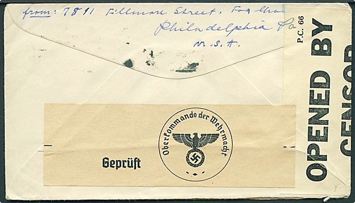 6 cents frankeret brev fra Philadelphia d. 16.11.1939 til Potsdam, Tyskland. Påskrevet S.S. Saratina. Dobbelt censureret med britisk PC66/1896 og tysk censur.