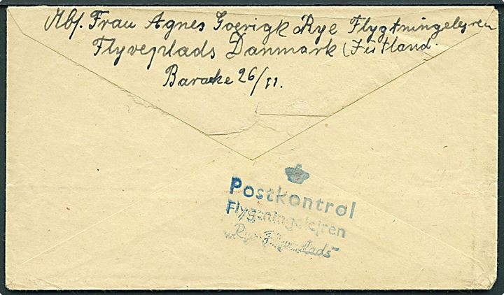 40 øre posthusfranko fra Aarhus d. 16.10.1947 på flygtningebrev til Budeburg, Tyskland. På bagsiden blåt stempel: (krone)/Postkontrol Flygtningelejren Rye Flyveplads.