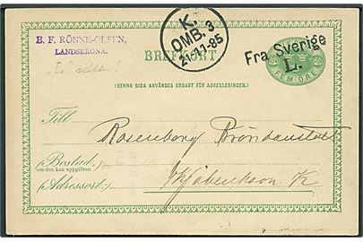 5 öre helsagsbrevkort fra Landskrona annulleret med skibsstempel Fra Sverige L. og sidestemplet K. OMB. 3 d. 21.11.1885 til Kjøbenhavn, Danmnark.
