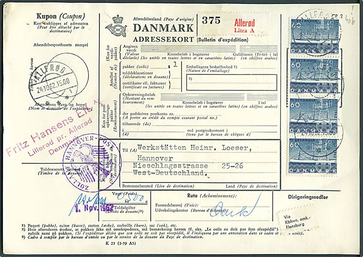60 øre Selandia i lodret 4-stribe på internationalt adressekort for pakke fra Allerød d. 24.10.1962 via Flensburg til Hannover, Tyskland.