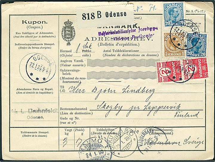 2 øre (par) Bølgelinie, 20 øre (2) og 1 kr. Chr. X på 1,44 kr. frankeret internationalt adressekort for pakke fra Odense d. 22.1.1920 via Kjøbenhavn, Malmö og Åbo til Lappervik, Finland. 