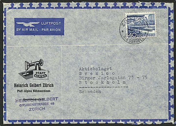 40 c daglig udg. på pænt luftpostbrev fra Zürich 1952 til Stockholm, Sverige. Påtrykt reklame for Pfaff symaskine.