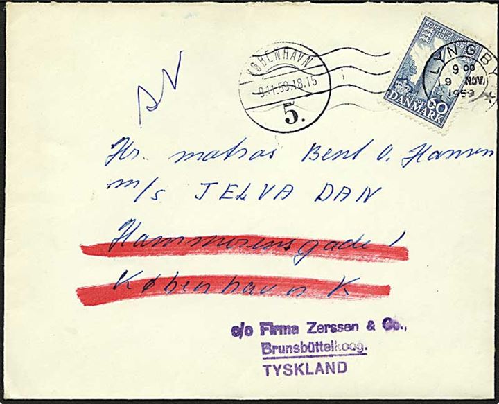 60 øre 1000 år udg. single på brev fra Lyngby d. 9.11.1959 til matros ombord på M/S Jelva Dan c/o rederi-adresse i København. Eftersendt til Brunsbüttelkoog, Tyskland.