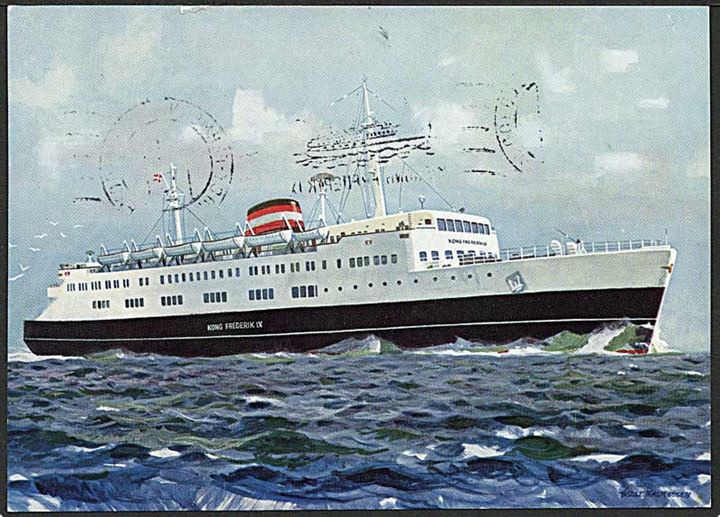 15 øre Fugleflugtslinien på FDC/skibs-brevkort (M/F Kong Frederik IX) annulleret med håndrullestempel Rødby-Fehmern Paquebot / M/F Kong Frederik IX d. 14.5.1963 til Rødby Havn. 