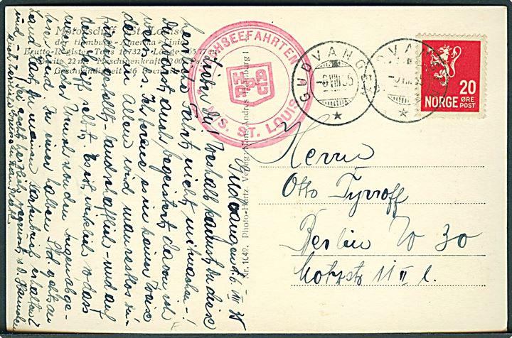 20 øre Løve på brevkort (M/S St. Louis) stemplet Gudvangen d. 8.8.1935 og sidestemplet Hochseefahrten / HAPAG / *M/S St. Louis * til Berlin, Tyskland.