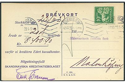 10 öre Løve med perfin SK på brevkort fra Skandinaviska Kreditaktiebolaget i Stockholm d. 22.10.1923 til Malmköping.