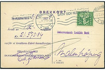 10 öre Løve med perfin SK på brevkort fra Skandinaviska Kreditaktiebolaget i Stockholm d. 3.8.1925 til Malmköping.