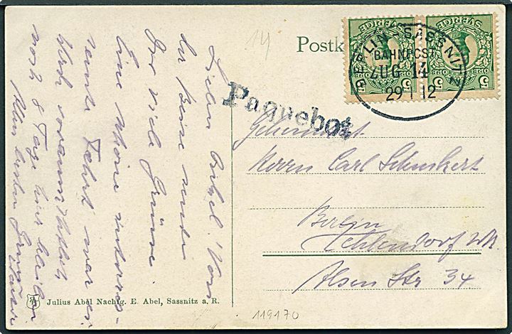 5 öre Gustaf i parstykke på brevkort (Færgen Deutschland i Sassnitz) annulleret med tysk bureaustempel Berlin - Sassnitz Bahnpost Zug 14 d. 29.1.1912 og sidestemplet Paquebot til Zehlendorf, Tyskland.