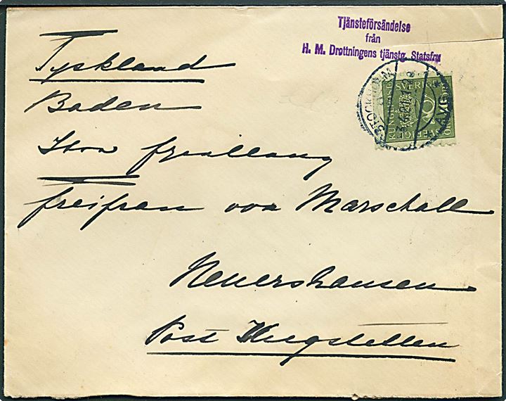 40 öre Posthorn på brev med stempel Tjänsteförsändelse från H.M.Drottningens tjänstg. Statsfru i Stockholm d. 3.6.1921 til Freifrau von Marschall, Neuershausen, Baden, Tyskland.