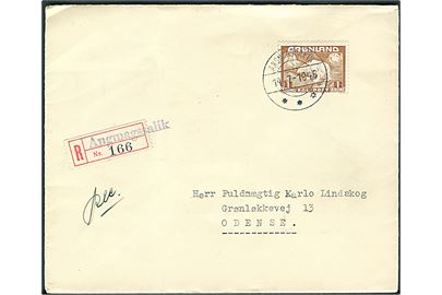 1 kr. Isbjørn single på anbefalet brev fra Angmagssalik d. 14.7.1946 til Odense.