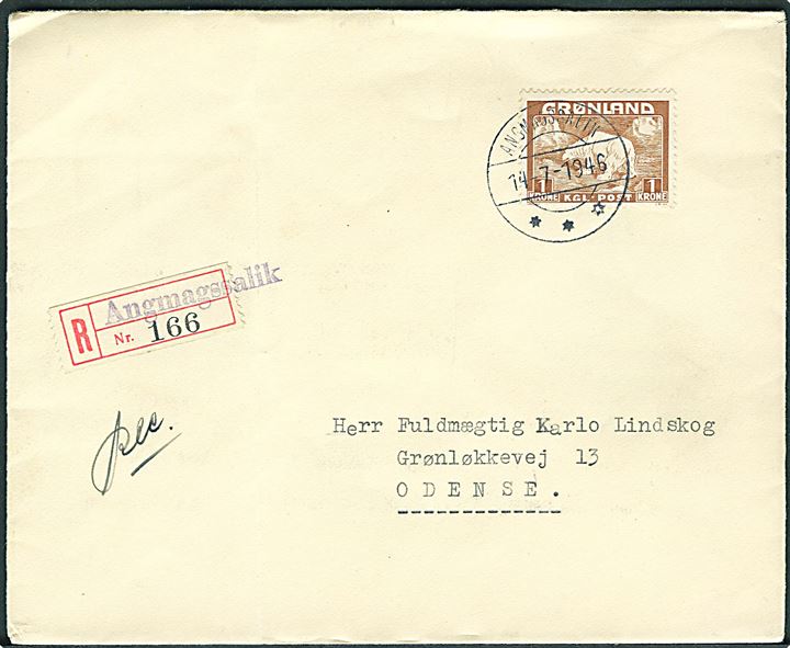 1 kr. Isbjørn single på anbefalet brev fra Angmagssalik d. 14.7.1946 til Odense.