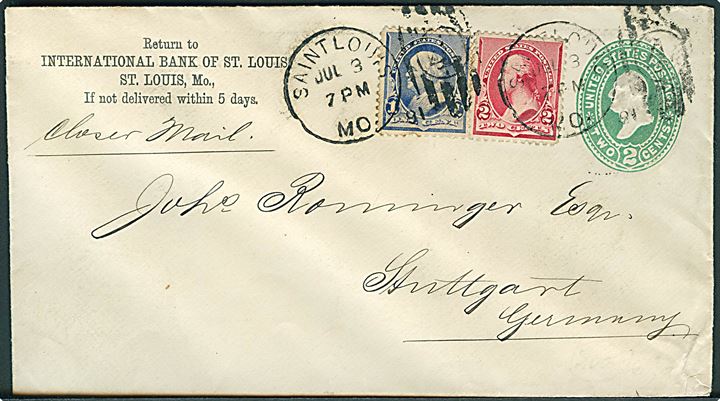 2 cents helsagskuvert opfrankeret med 1 cent og 2 cents fra Saint Louis d. 3.7.1891 til Stuttgart, Tyskland. Påskrevet Closed Mail. 