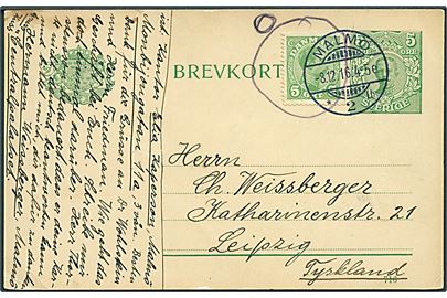 5 öre helsagsbrevkort opfrankeret med DANSK 5 øre Chr. X stemplet Malmö d. 8.12.1916 til Leipzig, Tyskland. Dansk frankatur markeret ugyldig, men ikke udtakseret i porto.