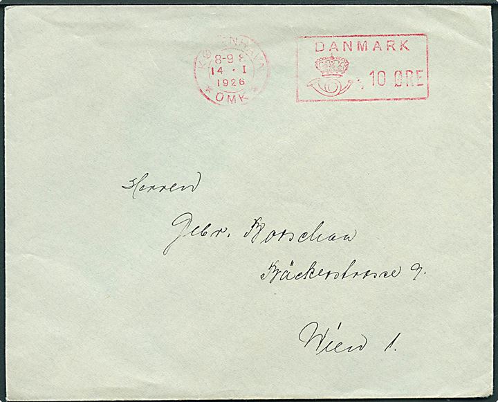 10 øre Posthusfranko frankeret tryksag fra København d. 14.1.1926 til Wien, Østrig.