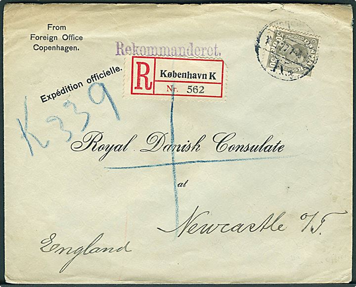 50 øre Chr. X single på fortrykt Expedition officielle kuvert fra Udenrigsministeriet sendt anbefalet fra København d. 10.1.1927 til danske konsulat i Newcastle, England.