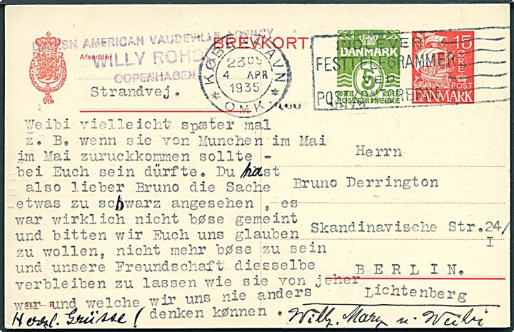 15+5 øre provisorisk helsagsbrevkort (fabr. 112-H) fra København d. 4.4.1935 til Berlin, Tyskland.