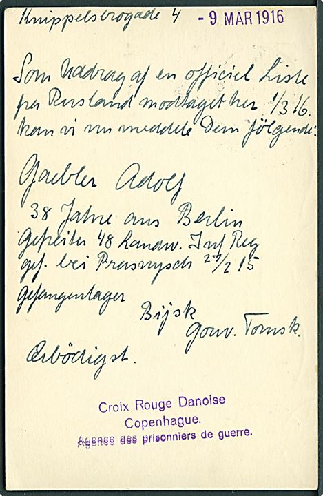3 øre lokalt helsagsbrevkort fra Kjøbenhavn d. 9.3.1916 til Hellerup. Meddelelse fra Dansk Røde Kors vedr. tysk soldat i russisk fangenskab.