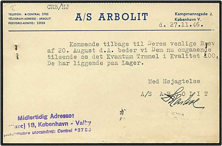 15 øre grøn Chr. X på brevkort fra København d. 27.11.1946 til Glamsbjerg. Mærket med perfin A.55 - A/S Arbolit.