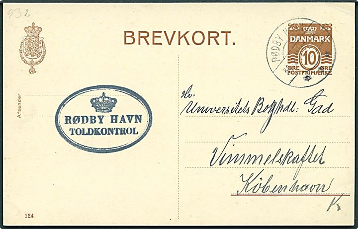 10 øre helsagsbrevkort (fabr. 124) fra Rødby Havn d. 31.12.1937 til København. Afs.-stempel (krone) Rødby Havn Toldkontrol.