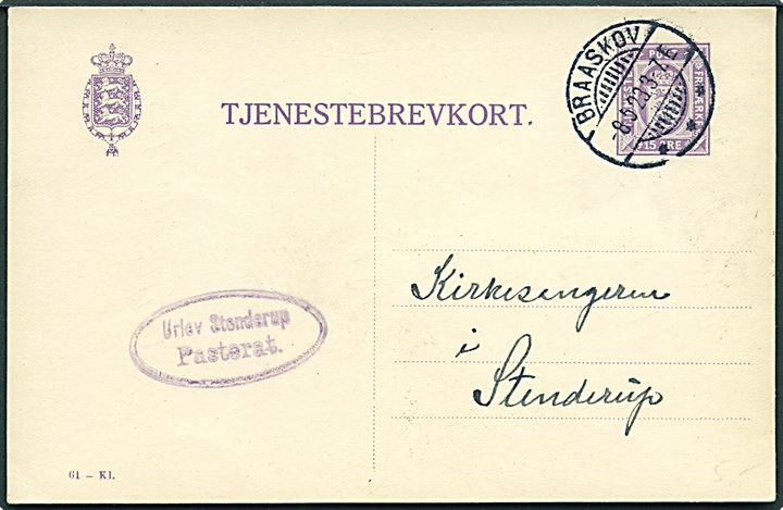 15 øre Tjenestebrevkort (fabr. 61-Kl.) fra Urlev pastorat stemplet Braaskov d. 8.5.1923 til Stenderup.