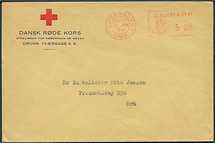 5 øre posthusfranko på fortrykt kuvert fra Dansk Røde Kors sendt likalt i København d. 17.6.1941.
