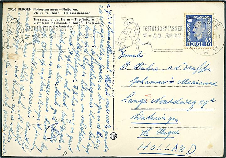 65 øre Haakon på brevkort (Partier fra Bergen) annulleret med TMS Festningsplassen 7-23.Sept./Bergen d. 10.8.1956 til Haag, Holland. Hollandsk transorma stempel.