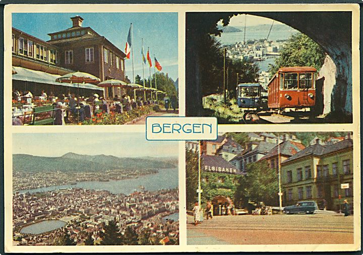 65 øre Haakon på brevkort (Partier fra Bergen) annulleret med TMS Festningsplassen 7-23.Sept./Bergen d. 10.8.1956 til Haag, Holland. Hollandsk transorma stempel.