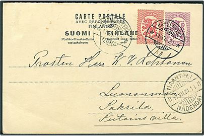 40 pen. helsagsbrevkort opfrankeret med 20 pen. Løve fra Hämeenkyrö d. 16.7.1921 via Nådendal til Saksila.