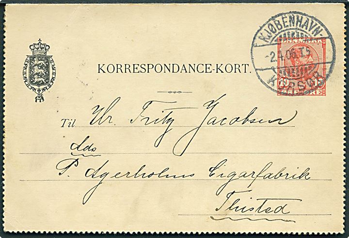 10 øre Chr. IX helsags korrespondancekort fra Kjøbenhavn annulleret med bureaustempel Kjøbenhavn - Korsør T.5 d. 2.4.1906 til Thisted.
