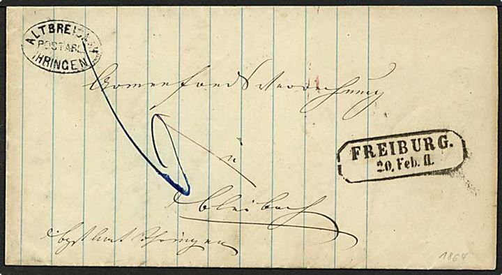 1864. Ufrankeret portobrev stemplet Freiburg d. 20.2.1864 med ovalt postablage stempel: ALTBREISACH POSTABL: IHRINGEN, med portopåtegning 6.