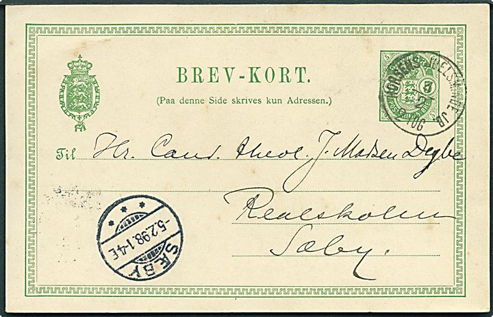5 øre helsagsbrevkort adresseret Gammelby Præstegaard pr. Stouby annulleret med lapidar bureaustempel Horsens - Juelsminde JB. d. 4.2.1898 til Sæby.