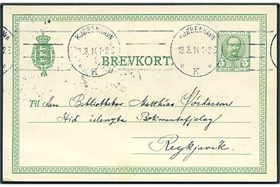 5 øre Fr. VIII helsagsbrevkort fra Kjøbenhavn d. 13.3.1914 til Reykjavik, Island.
