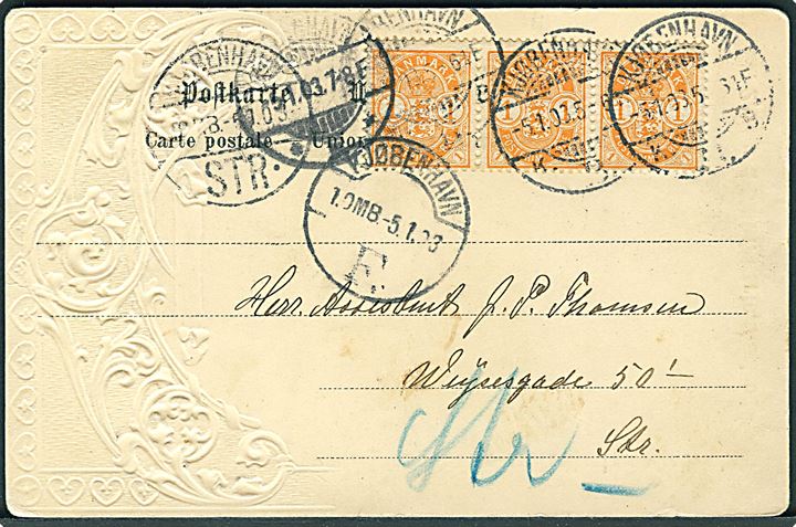 1 øre Våbentype i 3-stribe på lokalt brevkort i Kjøbenhavn d. 5.1.1903. Omadresseret. 