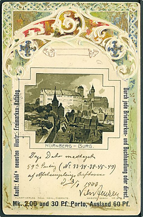 1 øre Våbentype i 3-stribe på lokalt brevkort i Kjøbenhavn d. 5.1.1903. Omadresseret. 
