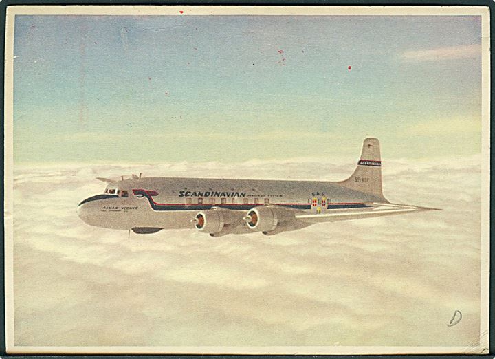 15 øre illustreret firmafranko Scandinavian Air Lines fra København Lufthavn d. 15.4.1950 på brevkort (SAS DC-6 SE-BDF Alvar Viking). Kortet skrevet ombord på flyvemaskine i luften over Skåne.
