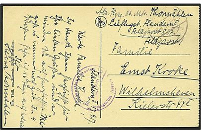Ufrankeret feltpostbrevkort (Ostende) stemplet K.D.Feldpost d. 18.9.1917 til Wilhelmshaven. Fra Flgzg.Ob.Mtr. ved Seeflugstation, Flandern II, Feldpost 837. Svagt briefstempel.