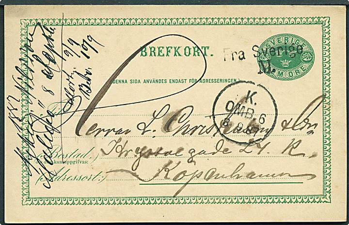5 öre helsagsbrevkort fra Malmö annulleret med skibsstempel Fra Sverige M. og sidestemplet K. OMB. 6 d. 8.9.1887 til København, Danmark.