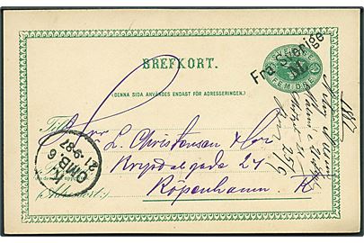 5 öre helsagsbrevkort fra Malmö annulleret med skibsstempel Fra Sverige M. og sidestemplet K. OMB. 6 d. 21.9.1887 til København, Danmark.