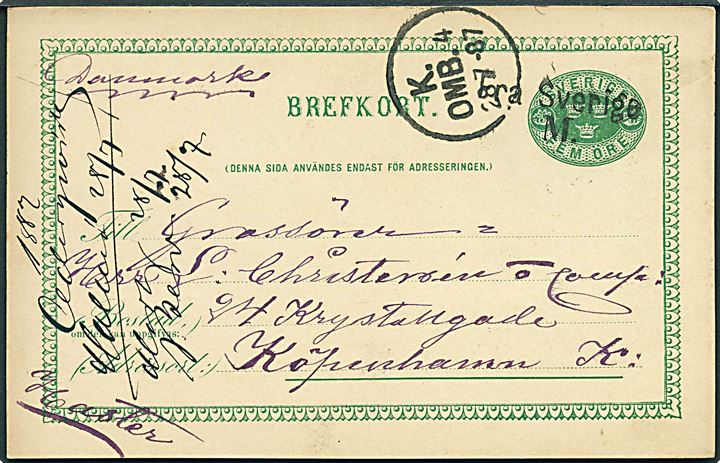 5 öre helsagsbrevkort fra Malmö annulleret med skibsstempel Fra Sverige M. og sidestemplet K. OMB. 4 d. 28.7.1887 til København, Danmark.