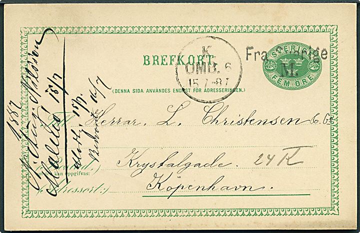 5 öre helsagsbrevkort fra Malmö annulleret med skibsstempel Fra Sverige M. og sidestemplet K. OMB. 6 d. 15.7.1887 til København, Danmark.