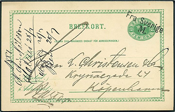 5 öre helsagsbrevkort fra Malmö d. 28.7.1887 annulleret med skibsstempel Fra Sverige M. til København, Danmark.