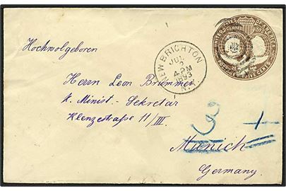 5 cent helsagskuvert fra New Brighton, USA, d. 2.7.1893 til München, Tyskland.
