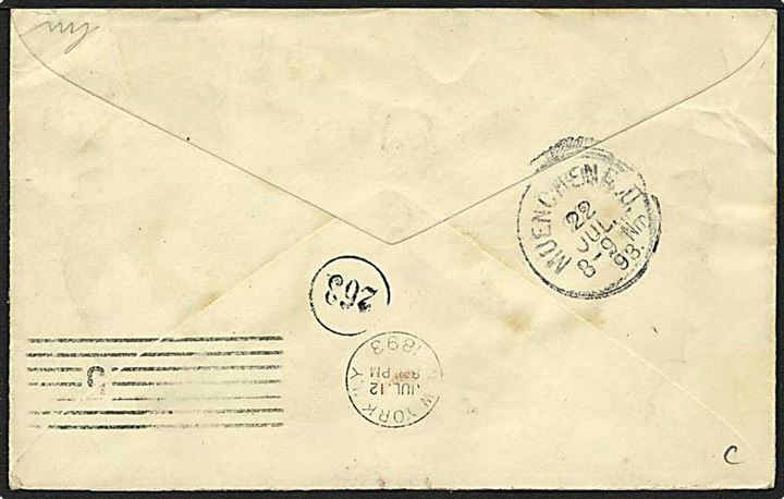 5 cent helsagskuvert fra New Brighton, USA, d. 2.7.1893 til München, Tyskland.