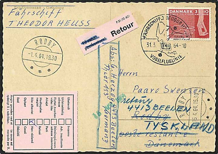 35+10 øre Hjælp til fysisk hæmmede på brevkort annulleret med tysk skibsstempel Fährschiff Theodor Heuss Vogelfluglinie d. 31.3.1964 til Poste Restante i Rødby. Retur til Tyskland.
