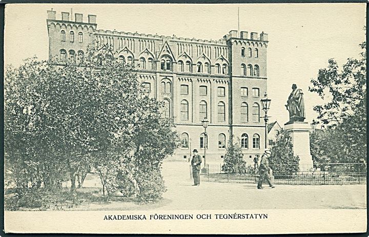 Akademiska foreningen och tegnerstatyn i Lund, Sverige. U/no. 
