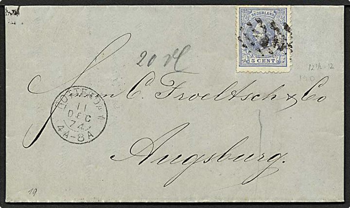 5 c. Willem III på brev annulleret med stumt stempel fra Rotterdam d. 11.12.1874 til Augsburg, Tyskland.