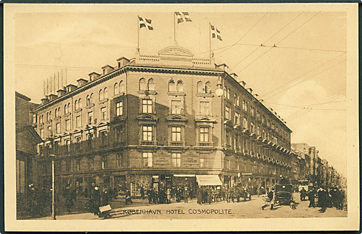Hotel Cosmopolite i København. Sporvogn ses til højre. Stenders no. 24586.